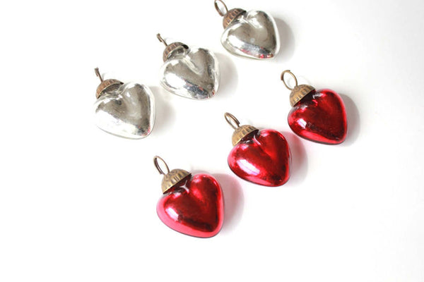 2 Silver or Red Heart Mercury Glass Ornaments