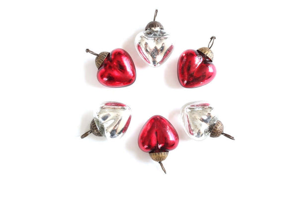 2 Silver or Red Heart Mercury Glass Ornaments